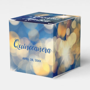 Caixinha De Lembrancinhas Marinho Elegante e Dourado Bokeh Quinceañera