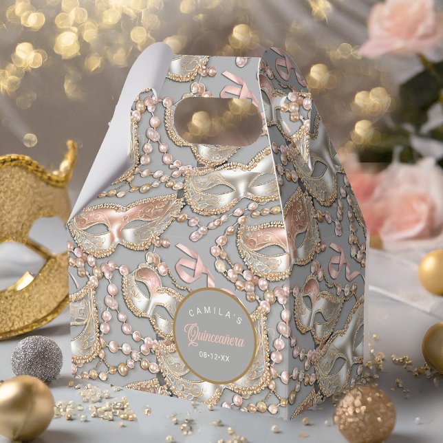 Caixinha De Lembrancinhas Mascarada Quinceanera Pattern Rosa, Dourado ID1031 (Criador carregado)