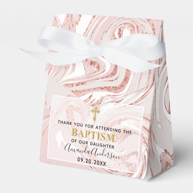 Caixinha De Lembrancinhas Menina Personalizada Rosa Dourada Batismo de mármo (Frente)