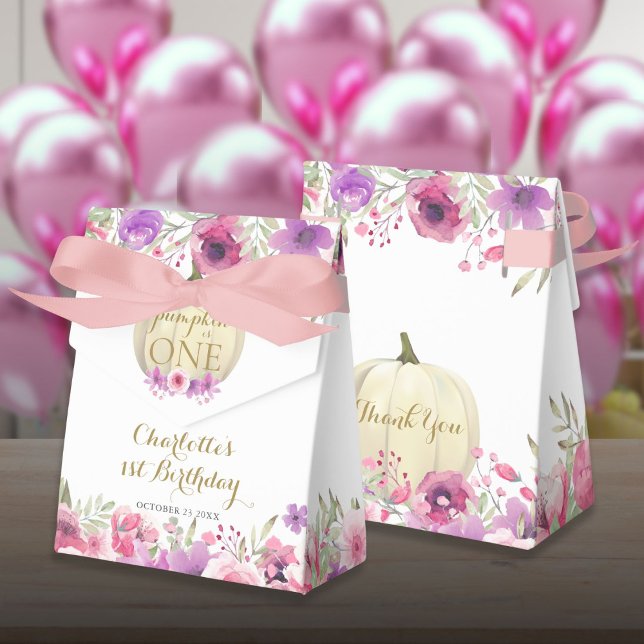 Caixinha De Lembrancinhas Meninas primeiro aniversario Pequeno Pumpkin Rosa  (Girls 1st Birthday Little Pumpkin Pink Floral Favor Boxes)
