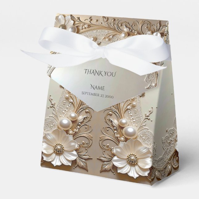 Caixinha De Lembrancinhas Modern White Flowers Pearls Favor Box (Frente)
