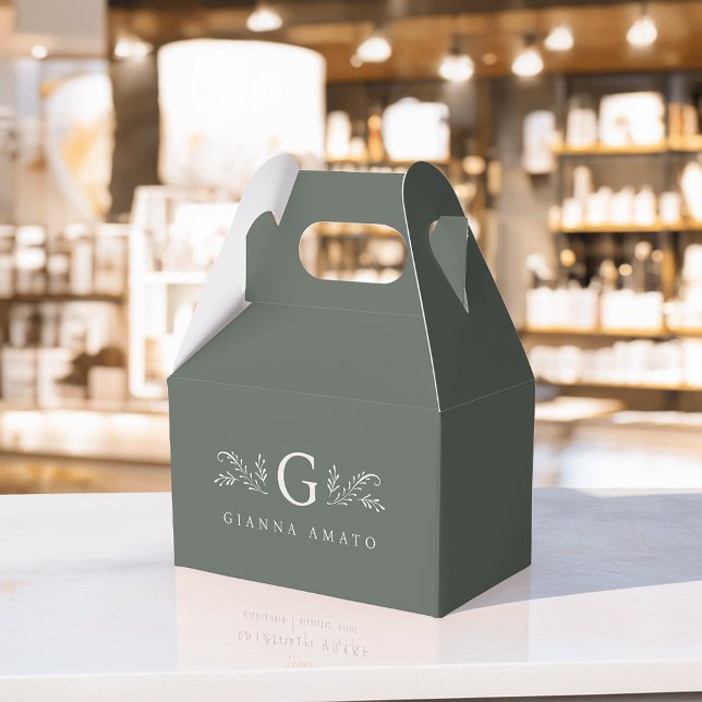 Caixinha De Lembrancinhas Monograma Botânico Verde Elegante e Nome Comercial (Criador carregado)