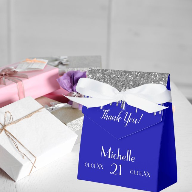 Caixinha De Lembrancinhas Monograma branco azul-real de prata de aniversário (Criador carregado)