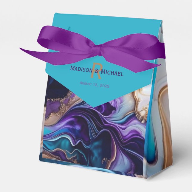 Caixinha De Lembrancinhas Monograma Dourado e Aqua Roxo Elegante (Frente)