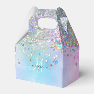 Caixinha De Lembrancinhas Monograma Holográfico Glitter Arco-Íris Pastel