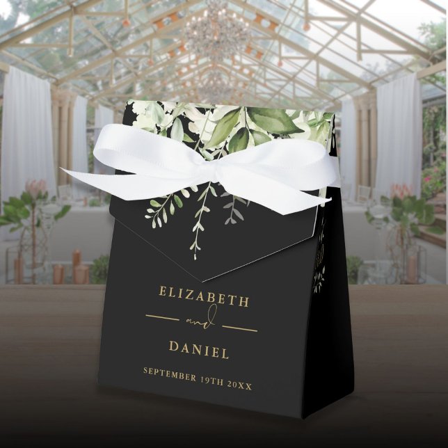 Caixinha De Lembrancinhas Monograma Verde Floral, Casamento Preto E Dourado (Floral Greenery Monogram Black And Gold Wedding Favor Boxes)