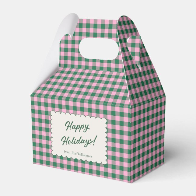 Caixinha De Lembrancinhas Natal Personalizado Xadrez Gingham Rosa Verde (Frente)