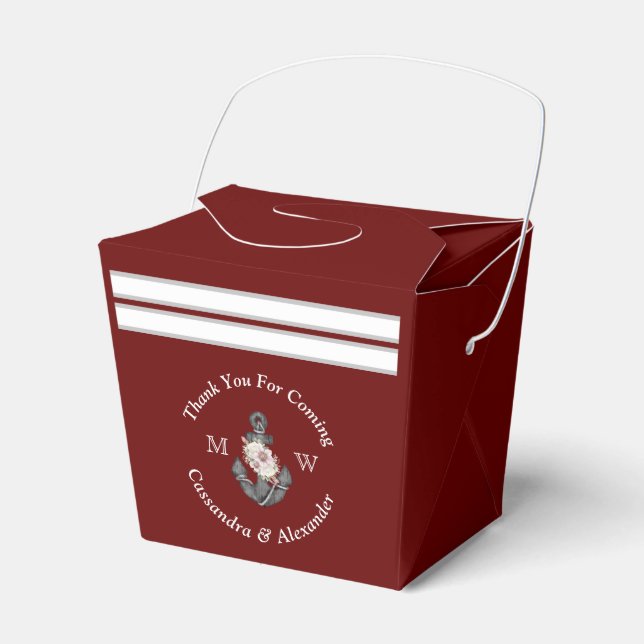 Caixinha De Lembrancinhas Náutica Âncora Floral Maroon Burgundy Vermelho (Frente)