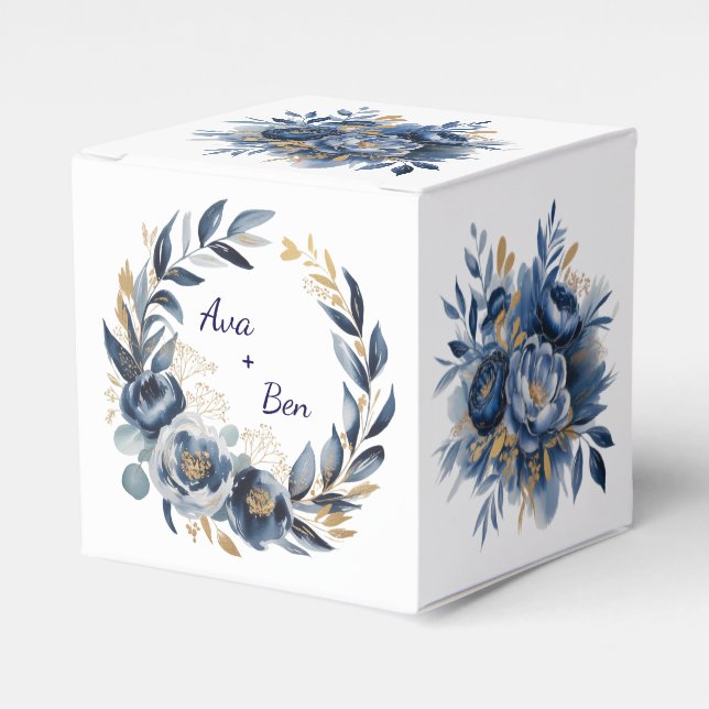 Caixinha De Lembrancinhas Navy Blue and Gold Peony Flower Wedding (Frente)