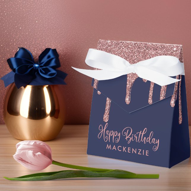 Caixinha De Lembrancinhas Navy Blue Rose Gold Sparkle Glitter Drips Birthday (Navy Blue Rose Gold Sparkle Glitter Drips Birthday Favor Boxes)