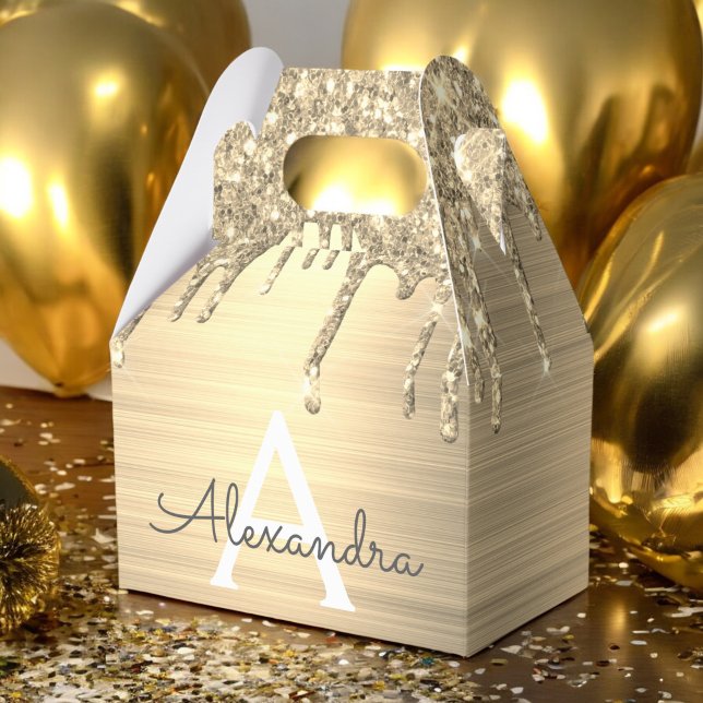 Caixinha De Lembrancinhas Nome do Monograma Dourado Glitter Brugado Metal (Criador carregado)