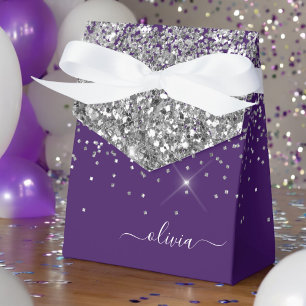 Caixinha De Lembrancinhas Nome Monograma Glitter Roxo Prateado Menina