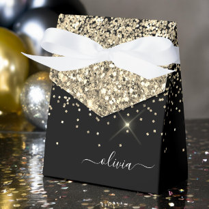 Caixinha De Lembrancinhas Nome Monograma Menina Brilho Glitter Dourado Preto