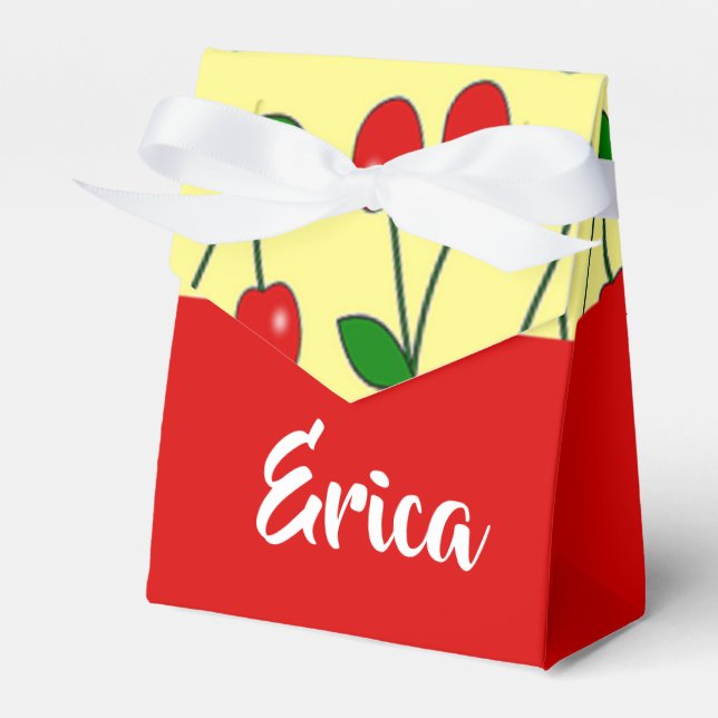 Caixinha De Lembrancinhas Nome personalizado cerejas vermelhas em amarelo (Frente)