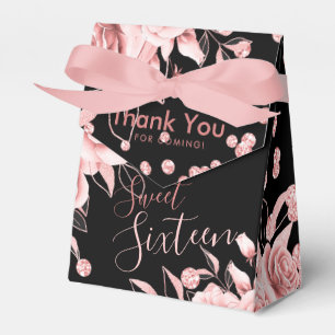 Caixinha De Lembrancinhas Obrigado Rosa, Dourado Preto Doce 16 Glitter Flora