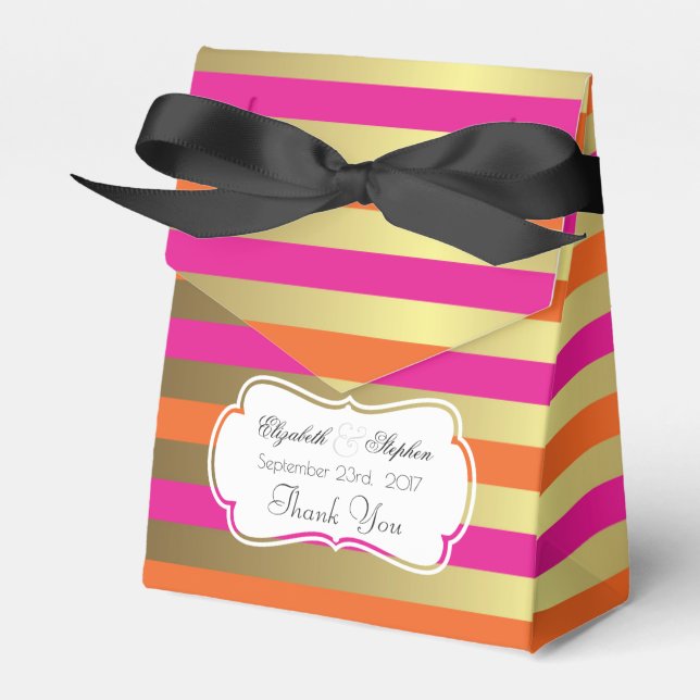 Caixinha De Lembrancinhas Obrigados de Casamento de Stripes Metálicas Dourad (Frente)