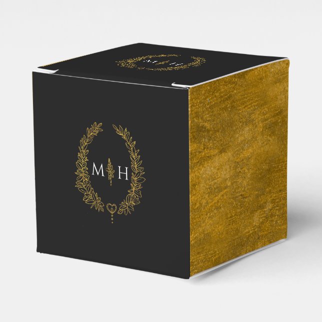 Caixinha De Lembrancinhas Oval deixa monograma preto-ouro casamento branco (Frente)