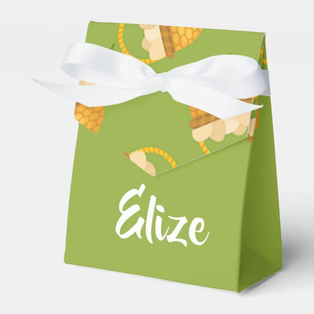 Caixinha De Lembrancinhas Ovos em cesto castanho em verde (Frente)