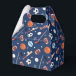 Caixinha De Lembrancinhas Padrão de equipamento esportivo infantil no aniver<br><div class="desc">Este padrão de equipamento esportivo para crianças divertidas tem bolas de futebol, bolas de futebol, bolas de baseball, volichões, bastões de hóquei e pucks, e morcegos de beisebol. O equipamento atlético tem um fundo de azul escuro. Faz um excelente extra a uma festa de aniversário para um garotinho ou uma...</div>