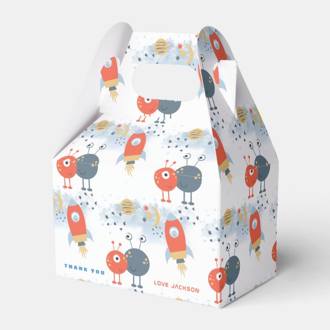 Caixinha De Lembrancinhas Padrão de Espaço do aliens Obrigado Festa de anive (Frente)