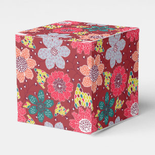 Caixinha De Lembrancinhas Padrão de flor multicolorido com fundo vermelho