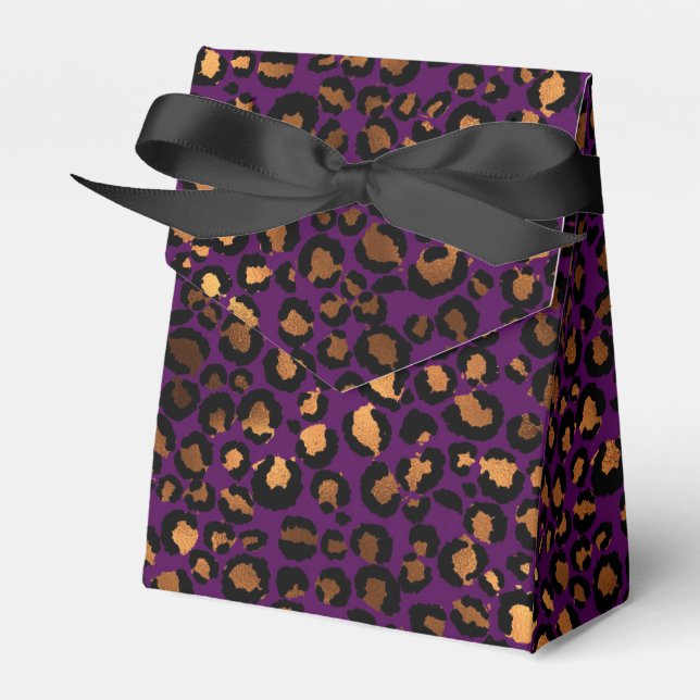 Caixinha De Lembrancinhas Padrão de leopardo dourado e roxo (Frente)