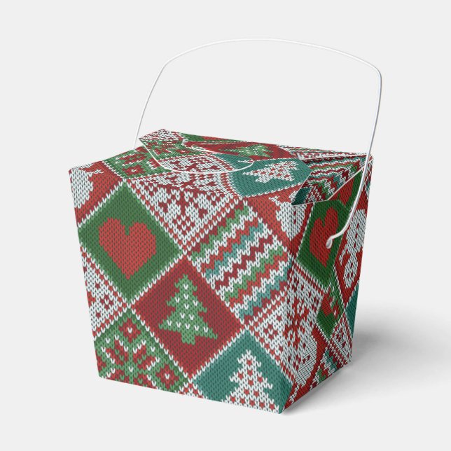 Caixinha De Lembrancinhas Padrão de Natal do Knit Branco Verde Vermelho (Frente)