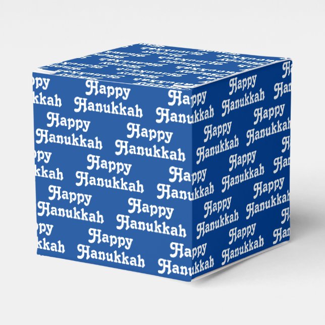 Caixinha De Lembrancinhas Padrão de tipografia branca e azul Hanukkah feliz (Frente)