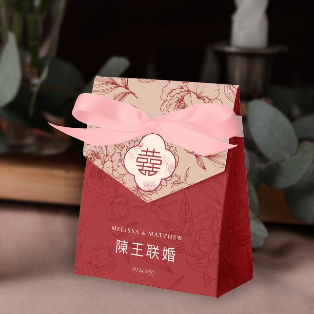 Caixinha De Lembrancinhas Padrão Floral Elegante Obrigado Casamento Chinês (Elegant Floral Pattern Thank You Chinese Wedding Favor Box)