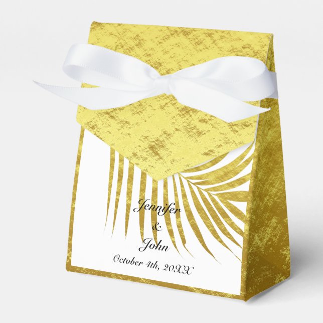 Caixinha De Lembrancinhas Palm Tree Foliage Gold Foil Deixa Branco Casado (Frente)