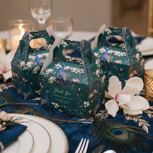 Caixinha De Lembrancinhas Pavões Azuis Elegantes e Flores Verde-Teal (Chic Floral Peacock Pattern Thank You Wedding Dark Teal Favor Boxes. Elegant Teal Peacock & Flowers)