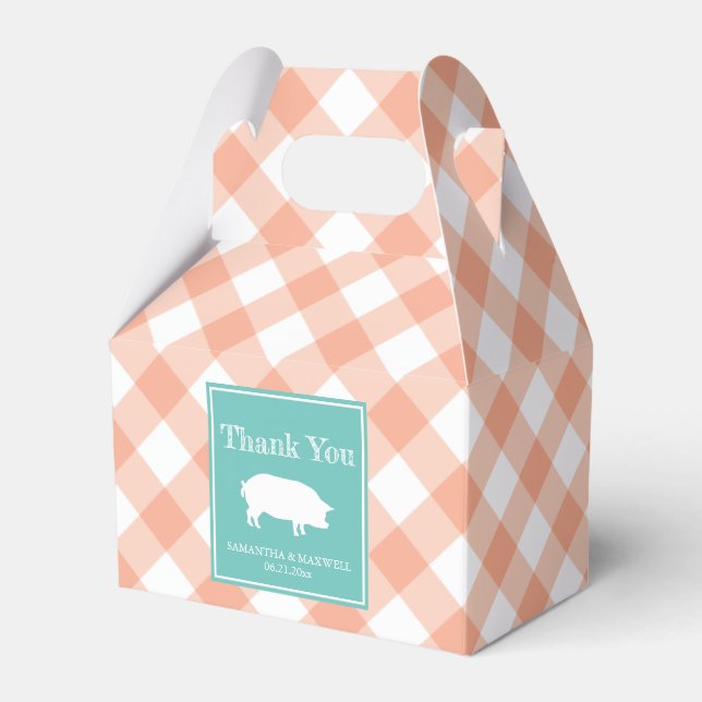 Caixinha De Lembrancinhas Peach Gingham Pig Roast Favor Box (Frente)