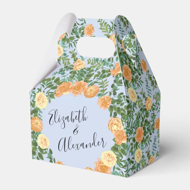 Caixinha De Lembrancinhas Peach Rosas Azuis De Casamento Floral (Frente)