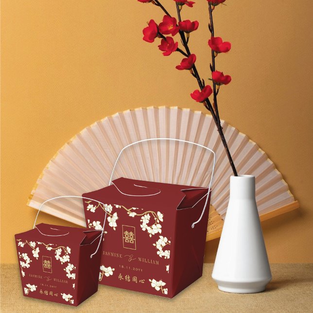 Caixinha De Lembrancinhas Pêssego de marfim/ameixa Brilha Felicidade Dupla C (Burgundy/Ivory Peach/Plum Blossoms Double Happiness Chinese Wedding Favor Box @ fatfatin_red_box)
