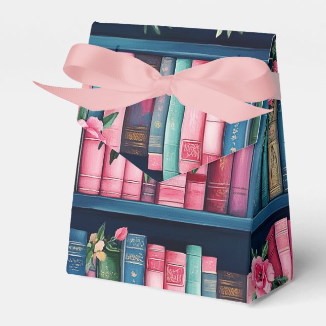 Caixinha De Lembrancinhas Pink and Blue Books and Flowers on Bookshelf (Frente)