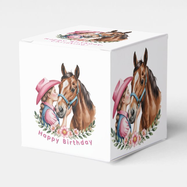 Caixinha De Lembrancinhas Pink Cowgirl Kissing a Horse Birthday Party  (Frente)