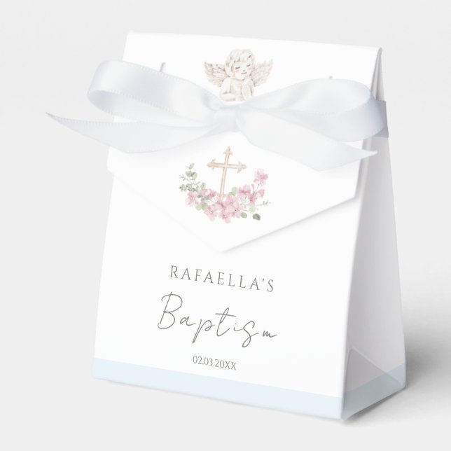 Caixinha De Lembrancinhas Pink Floral Cross Angel Baptism Favor Boxes (Frente)
