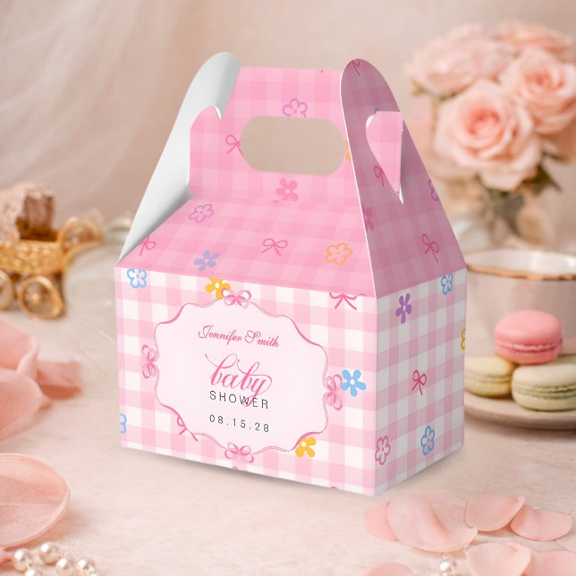 Caixinha De Lembrancinhas Pink Gingham Floral Bow Baby Shower Favor Boxes (Criador carregado)