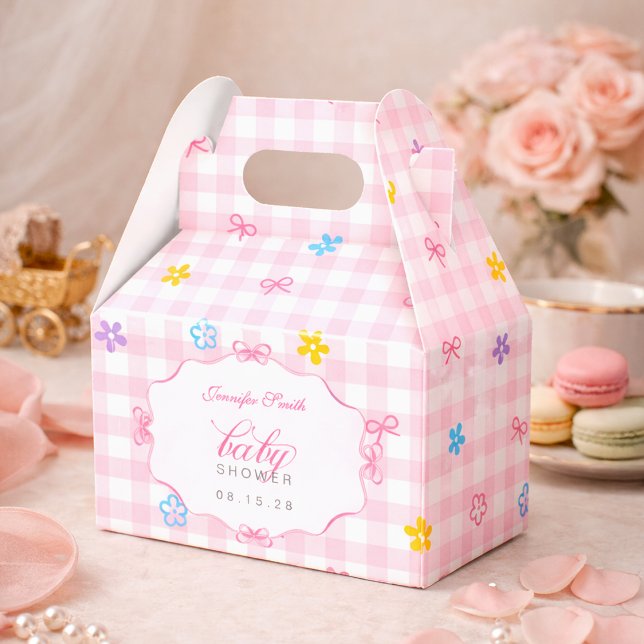 Caixinha De Lembrancinhas Pink Gingham Floral Bow Baby Shower Favor Boxes (Criador carregado)