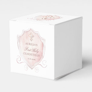 Caixinha De Lembrancinhas Pink Watercolor Crest Primeiro Cubo de Comunhão