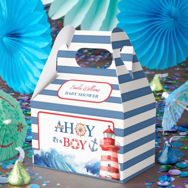 Caixinha De Lembrancinhas Playful Red Blue Nautical Waves Baby Shower (Festa)