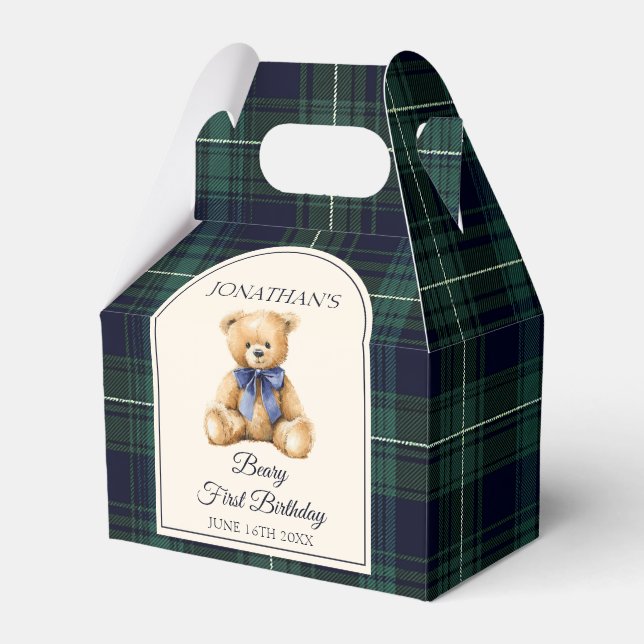 Caixinha De Lembrancinhas Preppy Blue Bow Teddy Bear Tartan Birthday  (Frente)