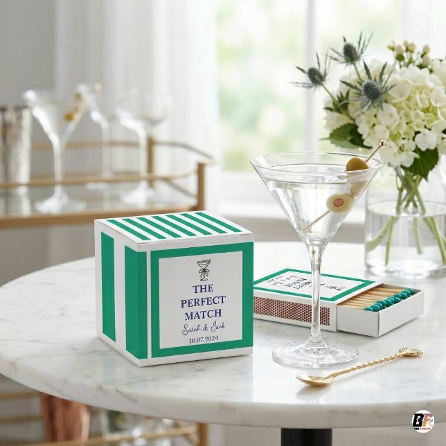 Caixinha De Lembrancinhas Preppy Teal Striped "The Perfect Match" Wedding (Criador carregado)