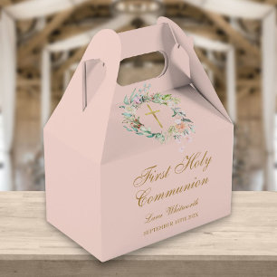 Caixinha De Lembrancinhas Primeira Comunhão Floral Dourado Script Rosa Cor-d