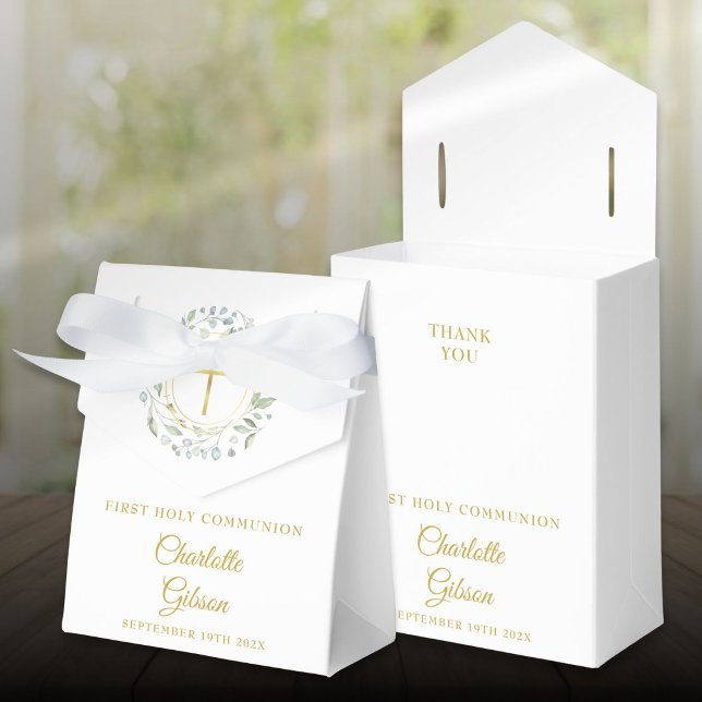Caixinha De Lembrancinhas Primeira Comunhão Grinalda de Folhagem de Louro (First Holy Communion Laurel Greenery Garland Favor Boxes)