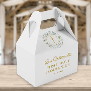 Caixinha De Lembrancinhas Primeira Comunhão Grinalda de Louro Dourado Script