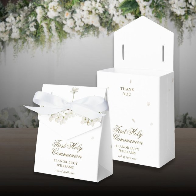 Caixinha De Lembrancinhas Primeira Comunhão Santa Flor de Floral Branco (First Holy Communion White Blossom Floral Favor Boxes)