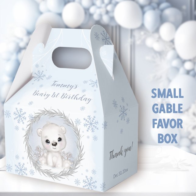 Caixinha De Lembrancinhas Primeiro aniversario azul de inverno do Garoto Pol (Blue Polar Bear Small Gable Favor Boxes - You can choose from 3 sizes of these gable favor boxes )