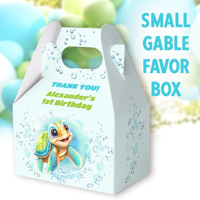 Caixinha De Lembrancinhas Primeiro aniversario da Festa de Piscina de Tartar (Cute Turtle Small Gable Favor Boxes - You can choose from 3 sizes of these gable favor boxes)