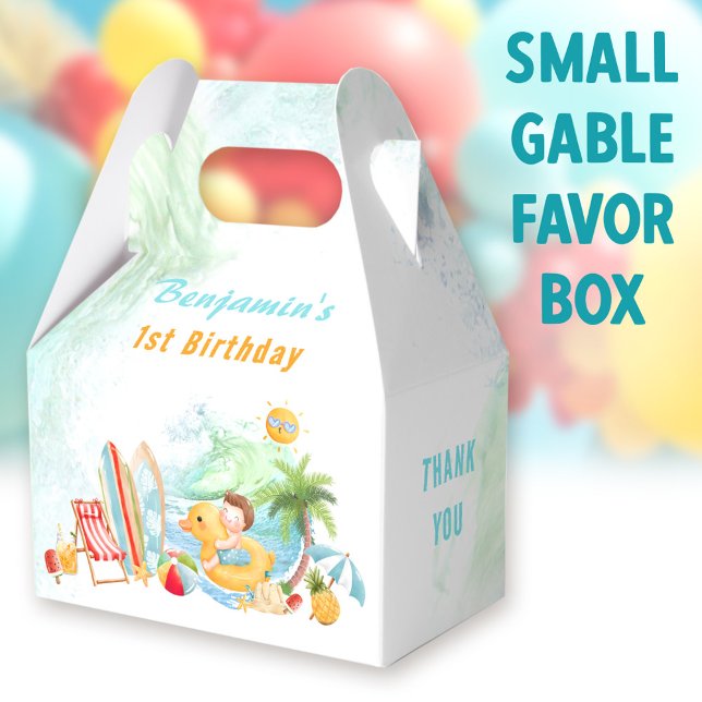 Caixinha De Lembrancinhas Primeiro aniversario de Verão da Piscina de praia (Beach boy Small Gable Favor Boxes - You can choose from 3 sizes of these gable favor boxes)